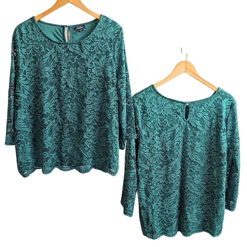 SIMPLY EMMA Emerald Green Lace Overlay Trumpet Sleeve Nylon Top Elegant Size 2X